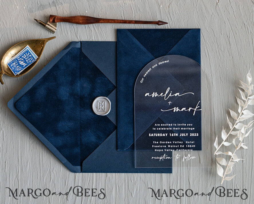 WEDDING INVITATIONS Elegant Invites Classic Cards Modern Arch Acrylic Wedding Invitations, Velvet Pocket Navy blue Modern Wedding Cards, Navy Gold Invites, minimalistic Plexi Wedding Invitation Suite