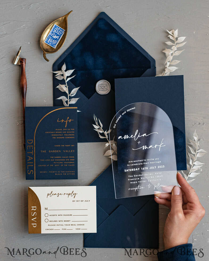 WEDDING INVITATIONS Elegant Invites Classic Cards Modern Arch Acrylic Wedding Invitations, Velvet Pocket Navy blue Modern Wedding Cards, Navy Gold Invites, minimalistic Plexi Wedding Invitation Suite