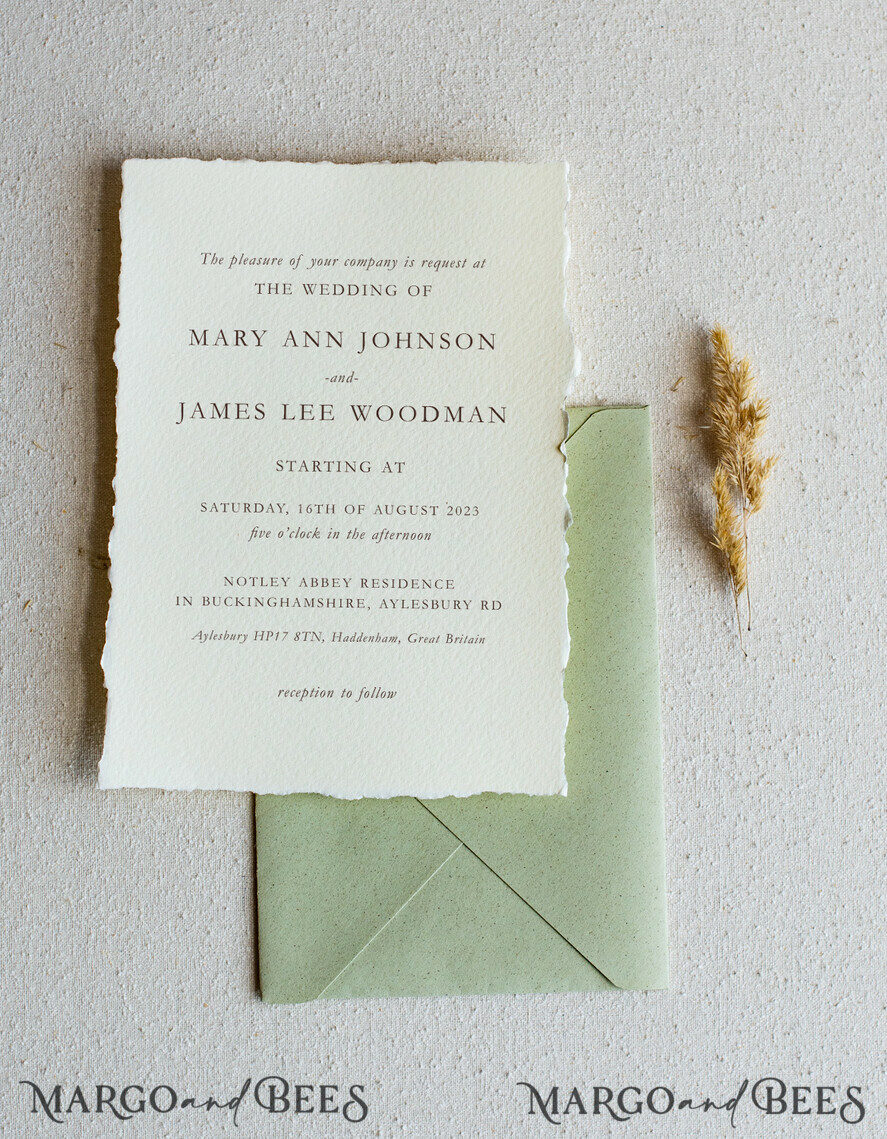 Vintage Sage Green Wedding Invitations, Elegant Greenery Wedding Invites,  Handmade Vellum Wedding Invitation Suite, Minimalistic Green Wedding Cards