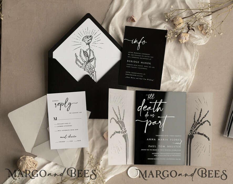 WEDDING INVITATIONS Elegant Invites Classic Cards Black Halloween wedding invitation set, Gloss Black Acrylic Invites, Goth Wedding Stationery, skeleton lovers black plexi wedding invitations set