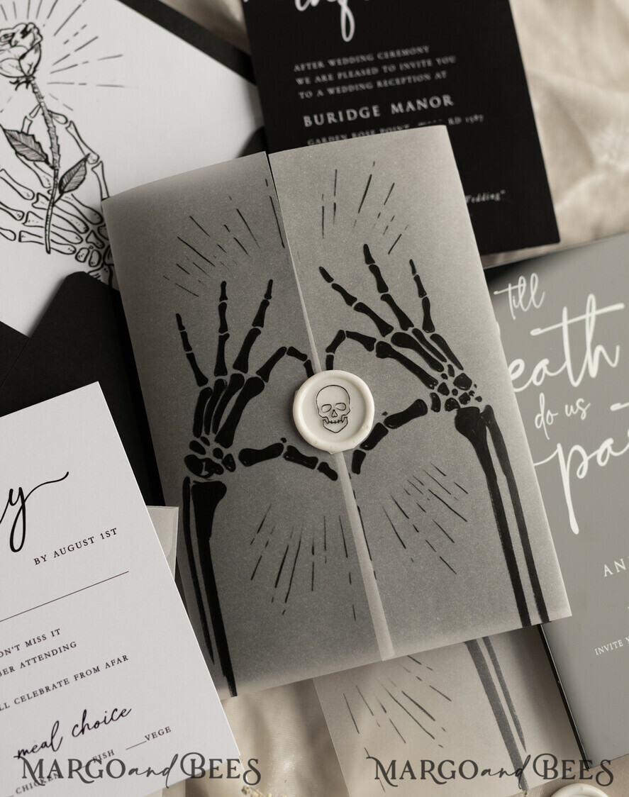 WEDDING INVITATIONS Elegant Invites Classic Cards Black Halloween wedding invitation set, Gloss Black Acrylic Invites, Goth Wedding Stationery, skeleton lovers black plexi wedding invitations set