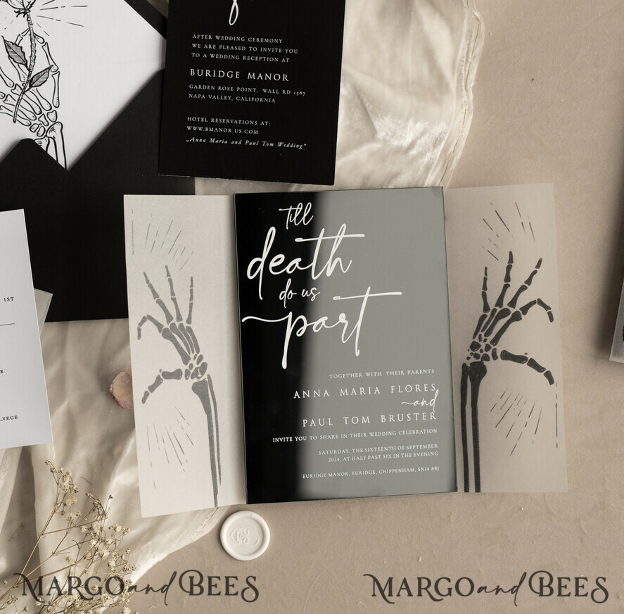 WEDDING INVITATIONS Elegant Invites Classic Cards Black Halloween wedding invitation set, Gloss Black Acrylic Invites, Goth Wedding Stationery, skeleton lovers black plexi wedding invitations set