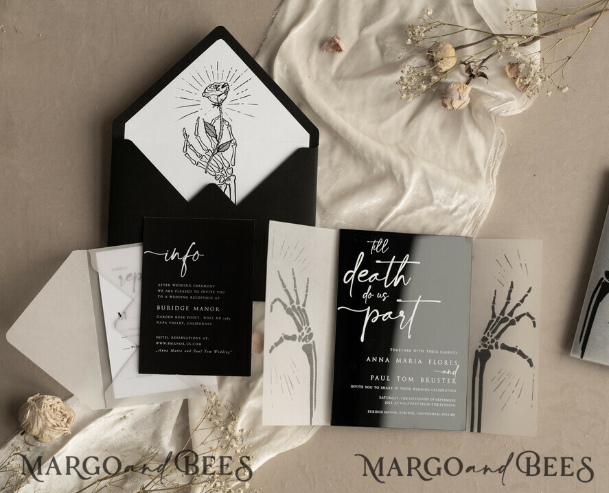 WEDDING INVITATIONS Elegant Invites Classic Cards Black Halloween wedding invitation set, Gloss Black Acrylic Invites, Goth Wedding Stationery, skeleton lovers black plexi wedding invitations set