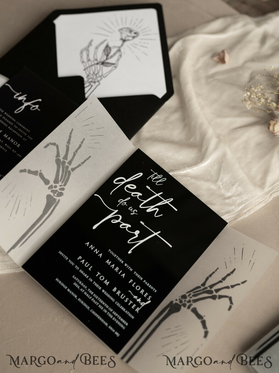 WEDDING INVITATIONS Elegant Invites Classic Cards Black Halloween wedding invitation set, Gloss Black Acrylic Invites, Goth Wedding Stationery, skeleton lovers black plexi wedding invitations set