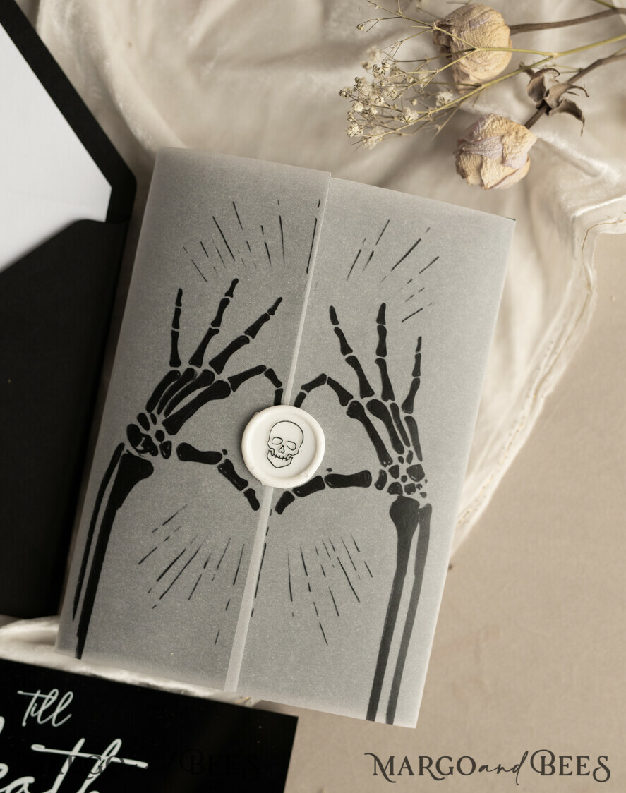 WEDDING INVITATIONS Elegant Invites Classic Cards Black Halloween wedding invitation set, Gloss Black Acrylic Invites, Goth Wedding Stationery, skeleton lovers black plexi wedding invitations set