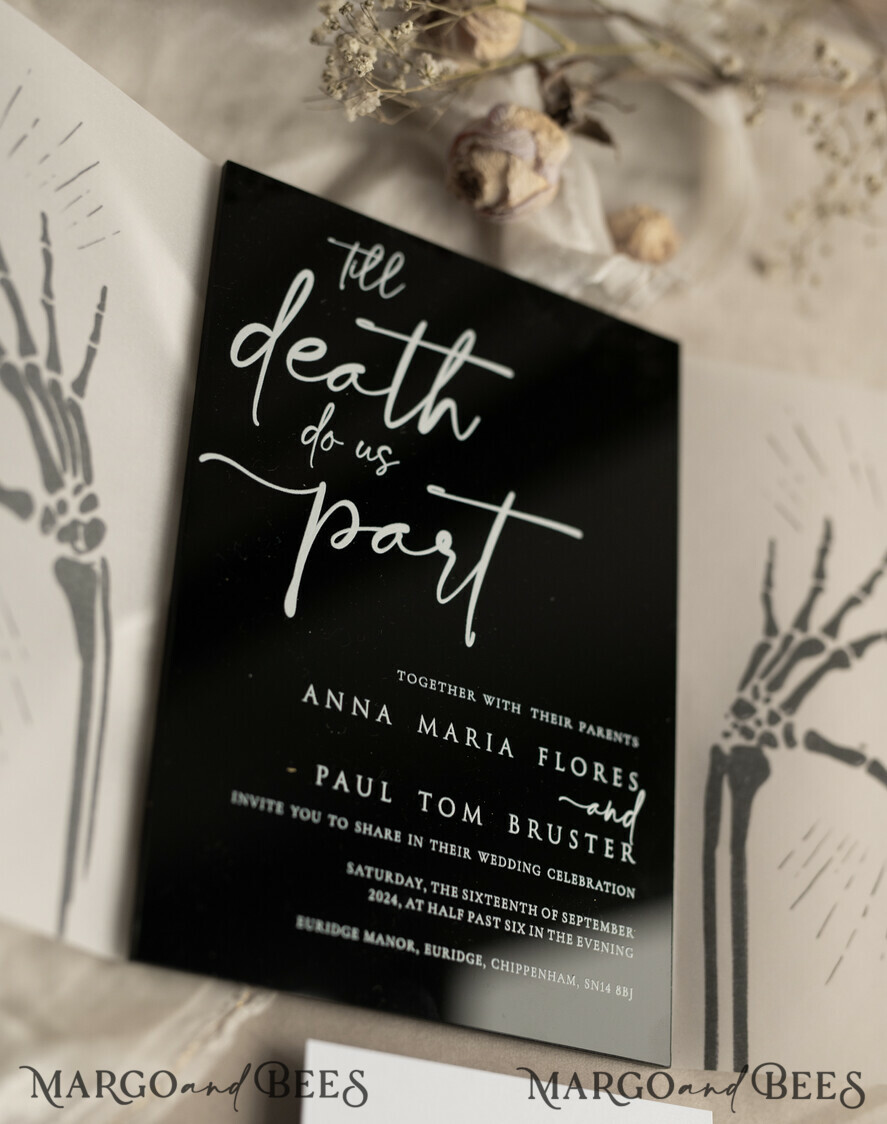 WEDDING INVITATIONS Elegant Invites Classic Cards Black Halloween wedding invitation set, Gloss Black Acrylic Invites, Goth Wedding Stationery, skeleton lovers black plexi wedding invitations set