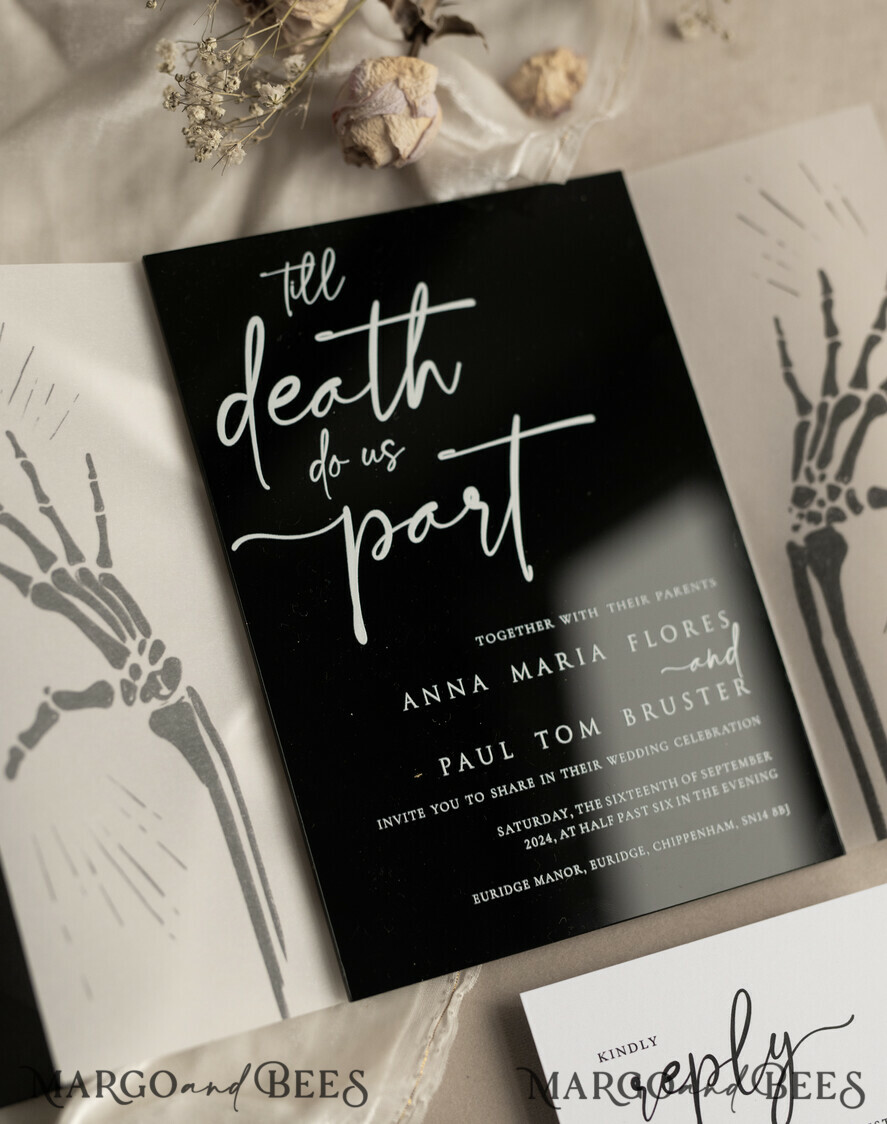 WEDDING INVITATIONS Elegant Invites Classic Cards Black Halloween wedding invitation set, Gloss Black Acrylic Invites, Goth Wedding Stationery, skeleton lovers black plexi wedding invitations set