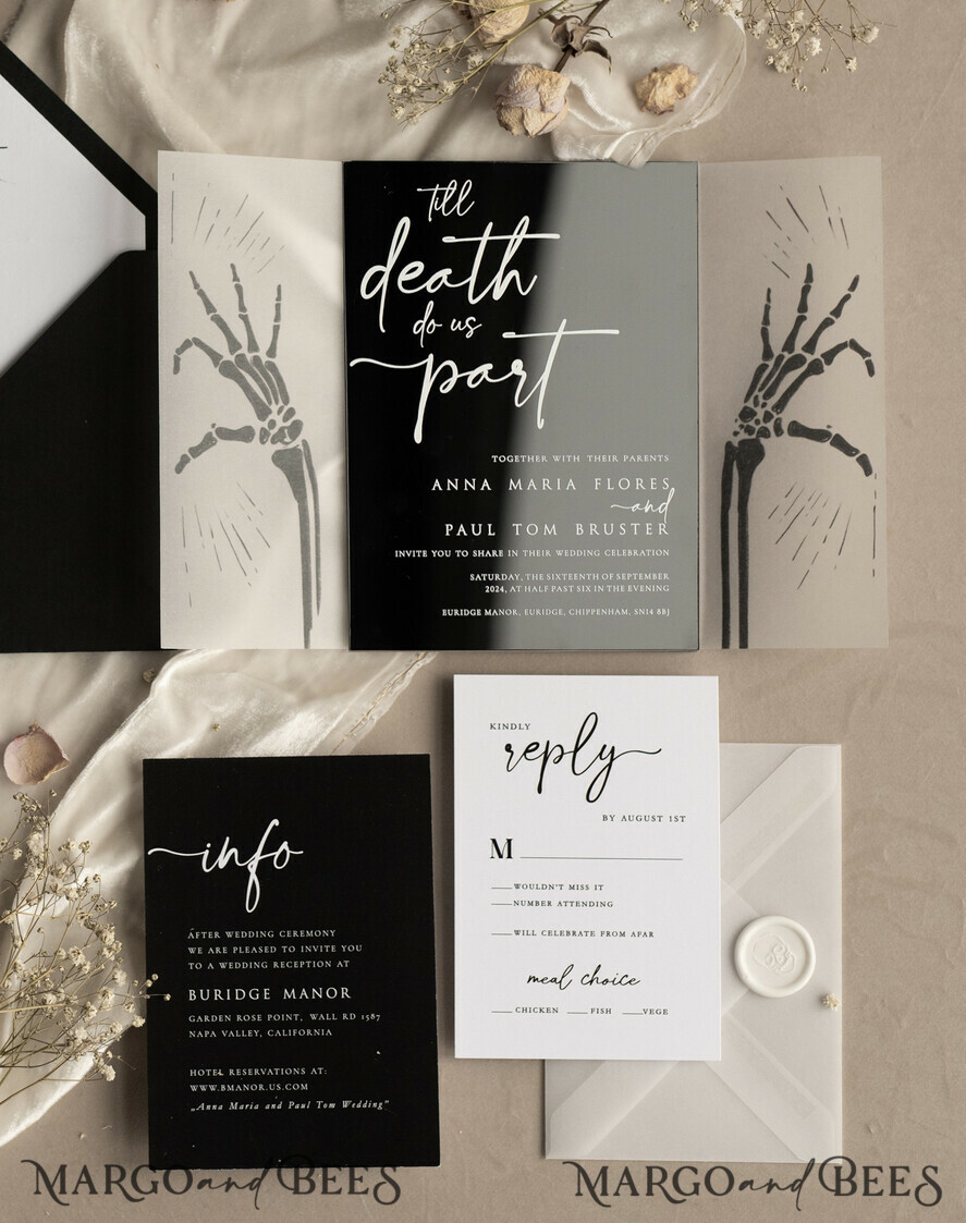 WEDDING INVITATIONS Elegant Invites Classic Cards Black Halloween wedding invitation set, Gloss Black Acrylic Invites, Goth Wedding Stationery, skeleton lovers black plexi wedding invitations set