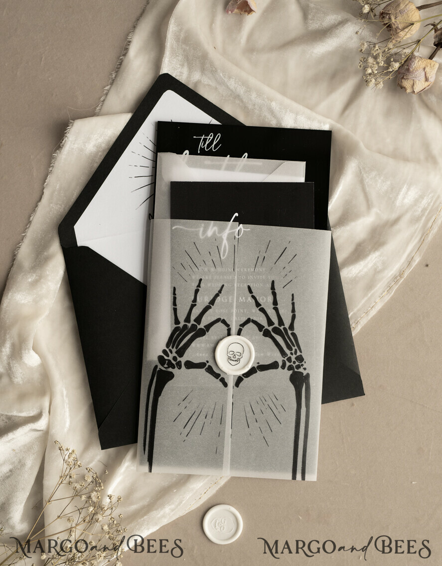 WEDDING INVITATIONS Elegant Invites Classic Cards Black Halloween wedding invitation set, Gloss Black Acrylic Invites, Goth Wedding Stationery, skeleton lovers black plexi wedding invitations set
