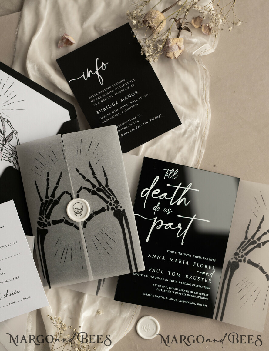 WEDDING INVITATIONS Elegant Invites Classic Cards Black Halloween wedding invitation set, Gloss Black Acrylic Invites, Goth Wedding Stationery, skeleton lovers black plexi wedding invitations set