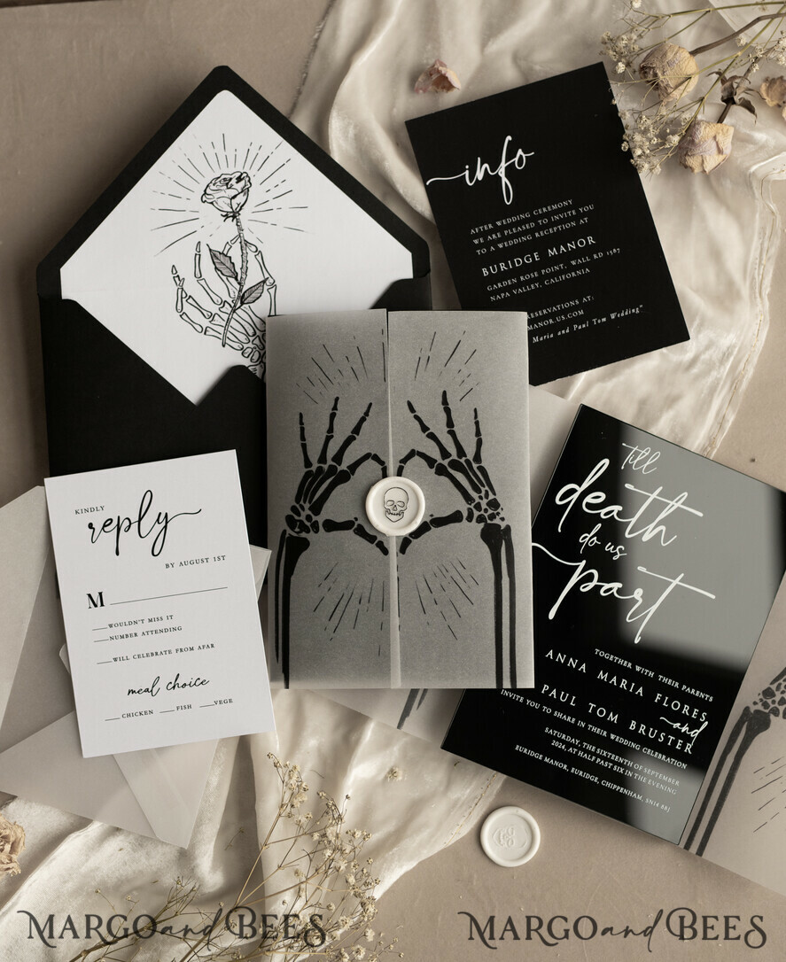WEDDING INVITATIONS Elegant Invites Classic Cards Black Halloween wedding invitation set, Gloss Black Acrylic Invites, Goth Wedding Stationery, skeleton lovers black plexi wedding invitations set
