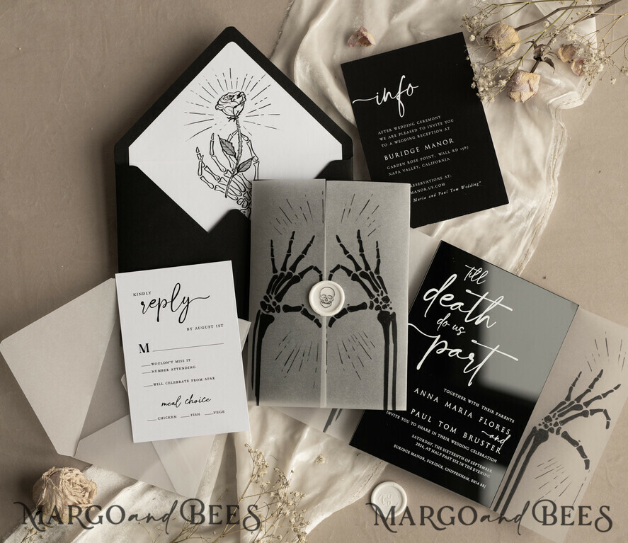 WEDDING INVITATIONS Elegant Invites Classic Cards Black Halloween wedding invitation set, Gloss Black Acrylic Invites, Goth Wedding Stationery, skeleton lovers black plexi wedding invitations set