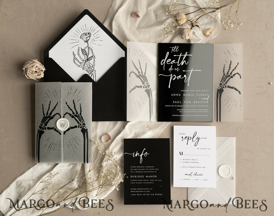 WEDDING INVITATIONS Elegant Invites Classic Cards Black Halloween wedding invitation set, Gloss Black Acrylic Invites, Goth Wedding Stationery, skeleton lovers black plexi wedding invitations set