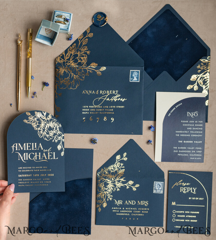 WEDDING INVITATIONS gold / rose gold / silver / glitter Elegant Arch Wedding Invitations Navy Blue, Velvet Pocket Dark blue Gold Modern Wedding, Wedding Invitation Suite, Arch Velvet Pocket Invitation set