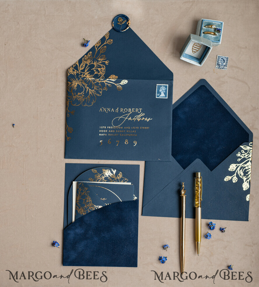 WEDDING INVITATIONS gold / rose gold / silver / glitter Elegant Arch Wedding Invitations Navy Blue, Velvet Pocket Dark blue Gold Modern Wedding, Wedding Invitation Suite, Arch Velvet Pocket Invitation set