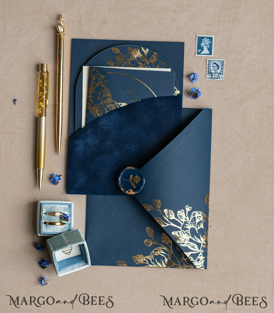 WEDDING INVITATIONS gold / rose gold / silver / glitter Elegant Arch Wedding Invitations Navy Blue, Velvet Pocket Dark blue Gold Modern Wedding, Wedding Invitation Suite, Arch Velvet Pocket Invitation set