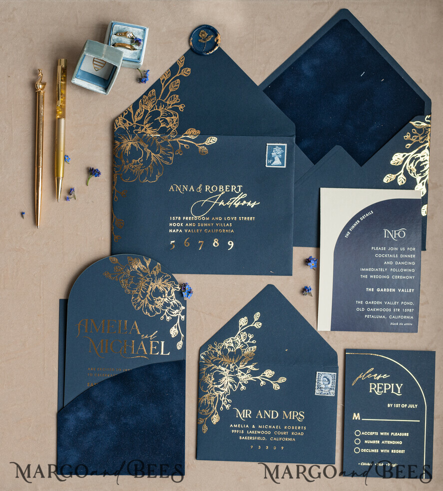 WEDDING INVITATIONS gold / rose gold / silver / glitter Elegant Arch Wedding Invitations Navy Blue, Velvet Pocket Dark blue Gold Modern Wedding, Wedding Invitation Suite, Arch Velvet Pocket Invitation set