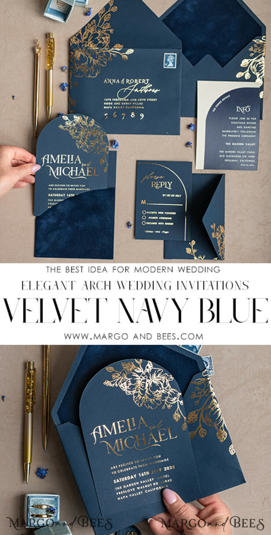 WEDDING INVITATIONS gold / rose gold / silver / glitter Elegant Arch Wedding Invitations Navy Blue, Velvet Pocket Dark blue Gold Modern Wedding, Wedding Invitation Suite, Arch Velvet Pocket Invitation set