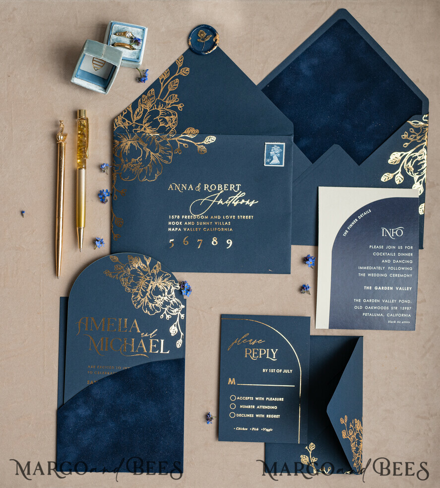 WEDDING INVITATIONS gold / rose gold / silver / glitter Elegant Arch Wedding Invitations Navy Blue, Velvet Pocket Dark blue Gold Modern Wedding, Wedding Invitation Suite, Arch Velvet Pocket Invitation set