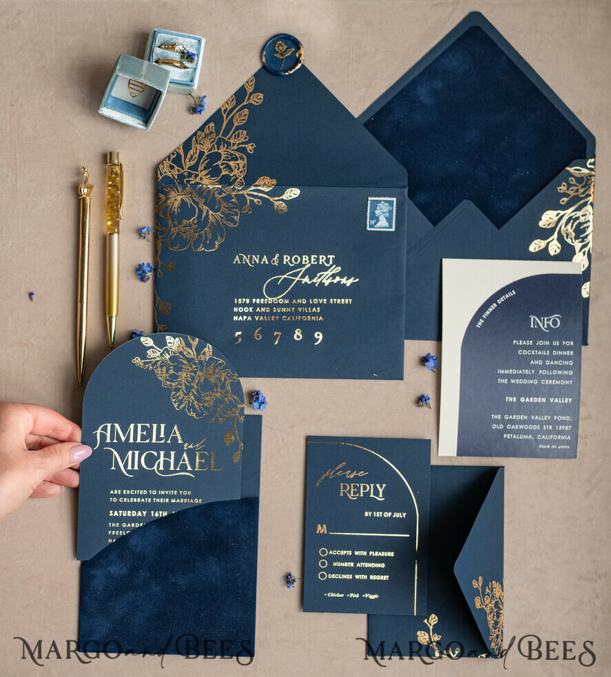 WEDDING INVITATIONS gold / rose gold / silver / glitter Elegant Arch Wedding Invitations Navy Blue, Velvet Pocket Dark blue Gold Modern Wedding, Wedding Invitation Suite, Arch Velvet Pocket Invitation set