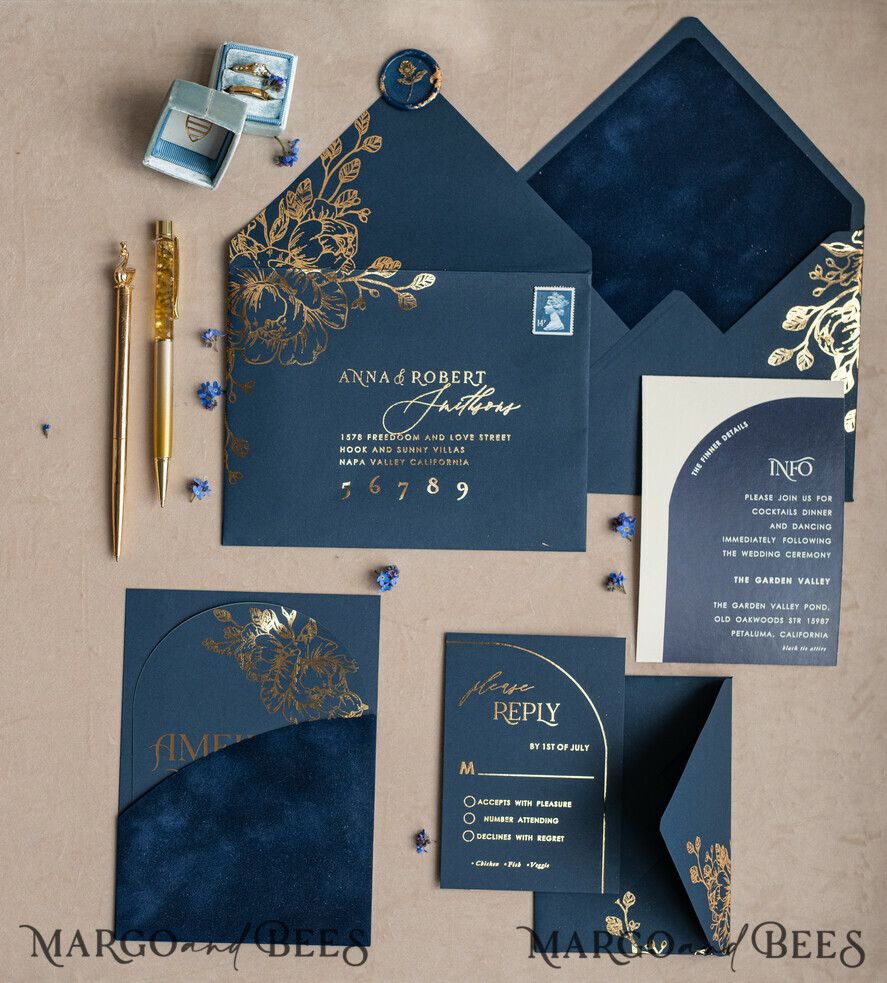 WEDDING INVITATIONS gold / rose gold / silver / glitter Elegant Arch Wedding Invitations Navy Blue, Velvet Pocket Dark blue Gold Modern Wedding, Wedding Invitation Suite, Arch Velvet Pocket Invitation set