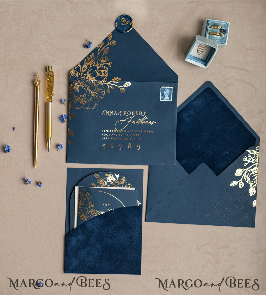 WEDDING INVITATIONS gold / rose gold / silver / glitter Elegant Arch Wedding Invitations Navy Blue, Velvet Pocket Dark blue Gold Modern Wedding, Wedding Invitation Suite, Arch Velvet Pocket Invitation set