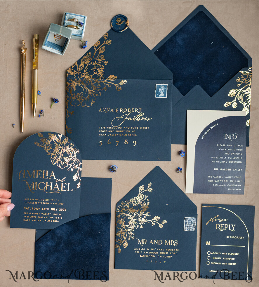 WEDDING INVITATIONS gold / rose gold / silver / glitter Elegant Arch Wedding Invitations Navy Blue, Velvet Pocket Dark blue Gold Modern Wedding, Wedding Invitation Suite, Arch Velvet Pocket Invitation set