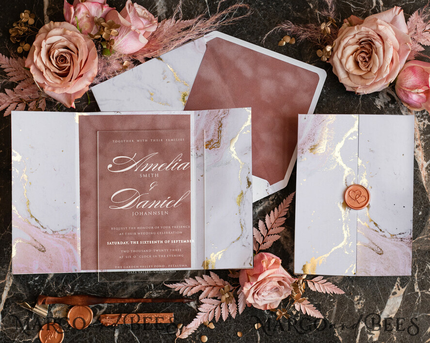 Marble Acrylic wedding invitations card, Glamour Blush Pink Velvet Wedding  Invitation Suite, Golden Marble Wedding Stationery, Plexi Luxury Wedding  Invites