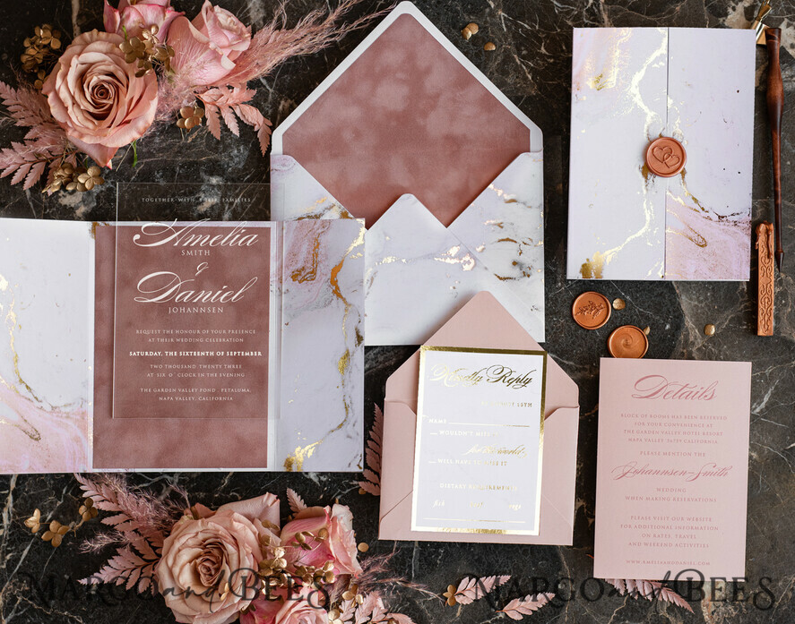WEDDING INVITATIONS gold / rose gold / silver / glitter Marble Acrylic wedding invitations card, Glamour Blush Pink Velvet Wedding Invitation Suite, Golden Marble Wedding Stationery, Plexi  Luxury Wedding Invites