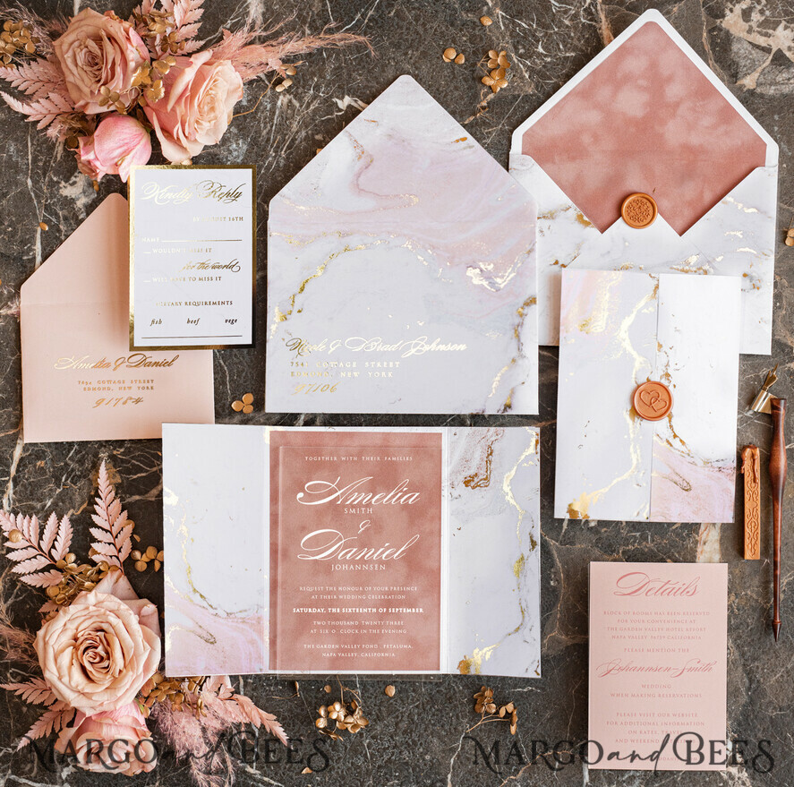 WEDDING INVITATIONS gold / rose gold / silver / glitter Marble Acrylic wedding invitations card, Glamour Blush Pink Velvet Wedding Invitation Suite, Golden Marble Wedding Stationery, Plexi  Luxury Wedding Invites