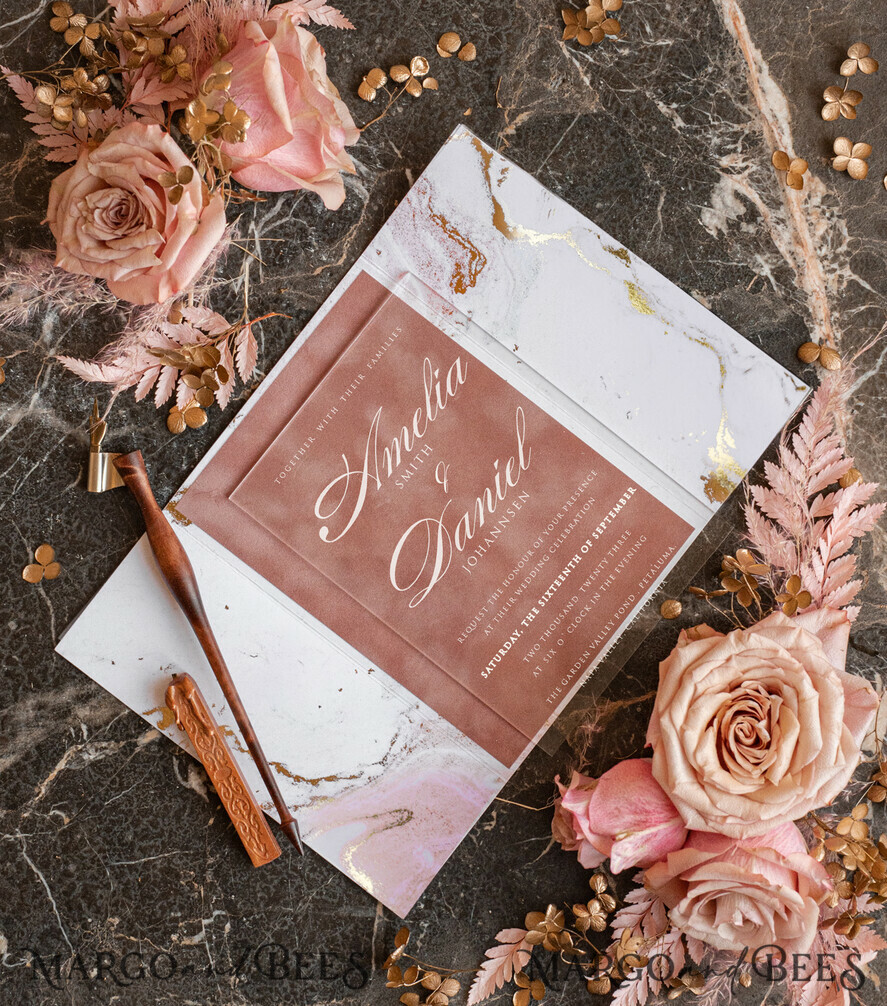 WEDDING INVITATIONS gold / rose gold / silver / glitter Marble Acrylic wedding invitations card, Glamour Blush Pink Velvet Wedding Invitation Suite, Golden Marble Wedding Stationery, Plexi  Luxury Wedding Invites