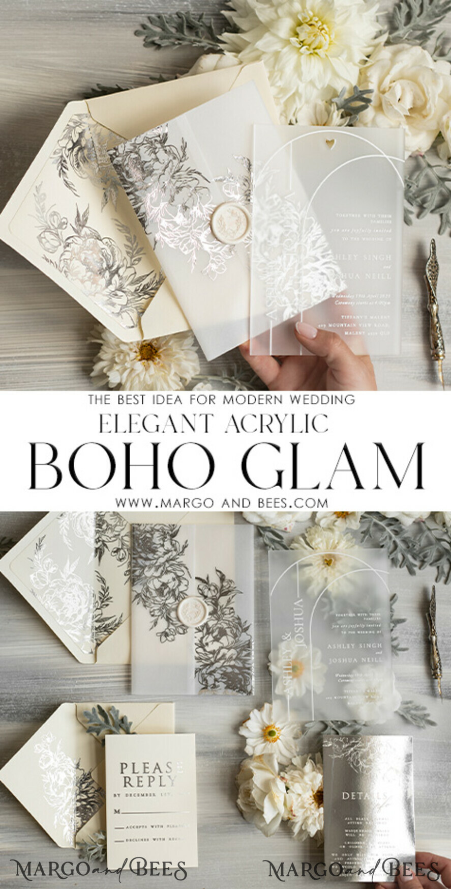 WEDDING INVITATIONS gold / rose gold / silver / glitter Acrylic Wedding invitation suite, Boho Glam Wedding Invitations, silver frozen Wedding Invitates, Elegant vellum Wedding Cards