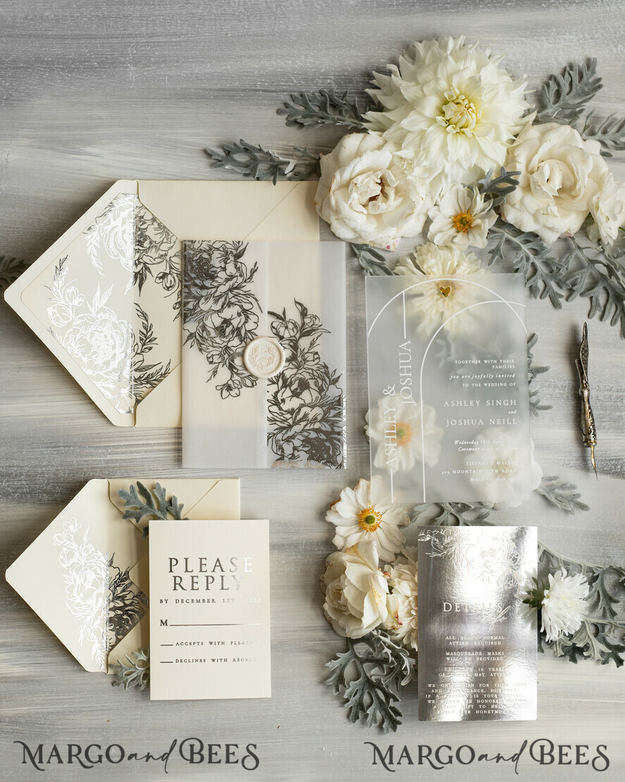 WEDDING INVITATIONS gold / rose gold / silver / glitter Acrylic Wedding invitation suite, Boho Glam Wedding Invitations, silver frozen Wedding Invitates, Elegant vellum Wedding Cards