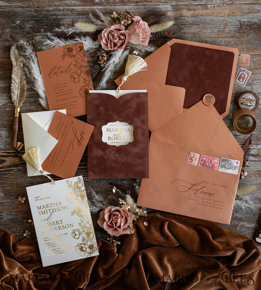 Romantic Terracotta Velvet Wedding Invitations Luxury Gold Foil Wedding Cards Gold Tassel Wedding Invitations