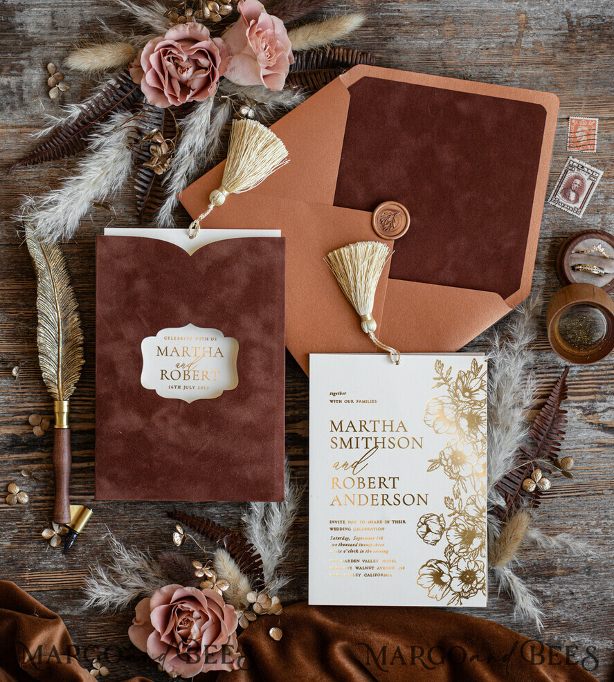Romantic Terracotta Velvet Wedding Invitations Luxury Gold Foil Wedding Cards Gold Tassel Wedding Invitations