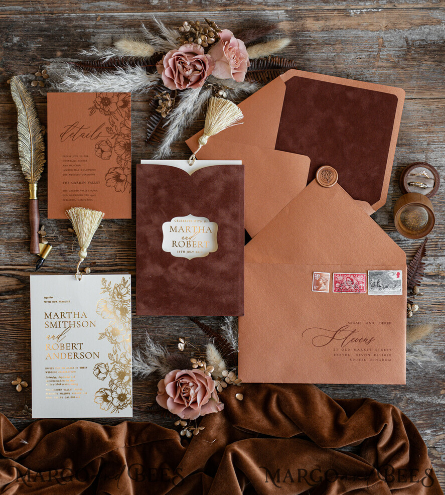 WEDDING INVITATIONS gold / rose gold / silver / glitter  Romantic terracotta Velvet Wedding Invitations, Luxury Gold Foil Wedding Cards, Gold tassel Wedding Invitations