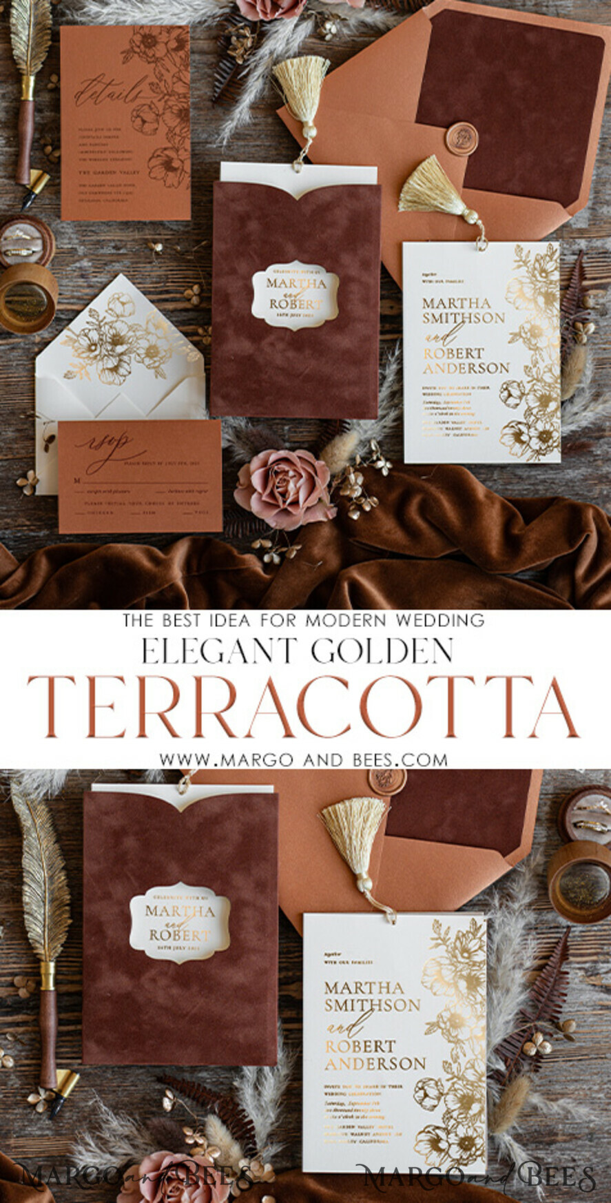 WEDDING INVITATIONS gold / rose gold / silver / glitter  Romantic terracotta Velvet Wedding Invitations, Luxury Gold Foil Wedding Cards, Gold tassel Wedding Invitations