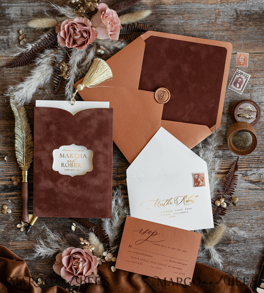 WEDDING INVITATIONS gold / rose gold / silver / glitter  Romantic terracotta Velvet Wedding Invitations, Luxury Gold Foil Wedding Cards, Gold tassel Wedding Invitations