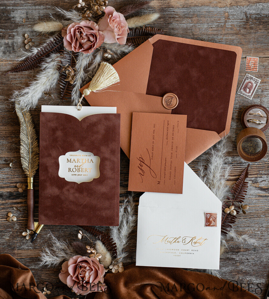 WEDDING INVITATIONS gold / rose gold / silver / glitter  Romantic terracotta Velvet Wedding Invitations, Luxury Gold Foil Wedding Cards, Gold tassel Wedding Invitations
