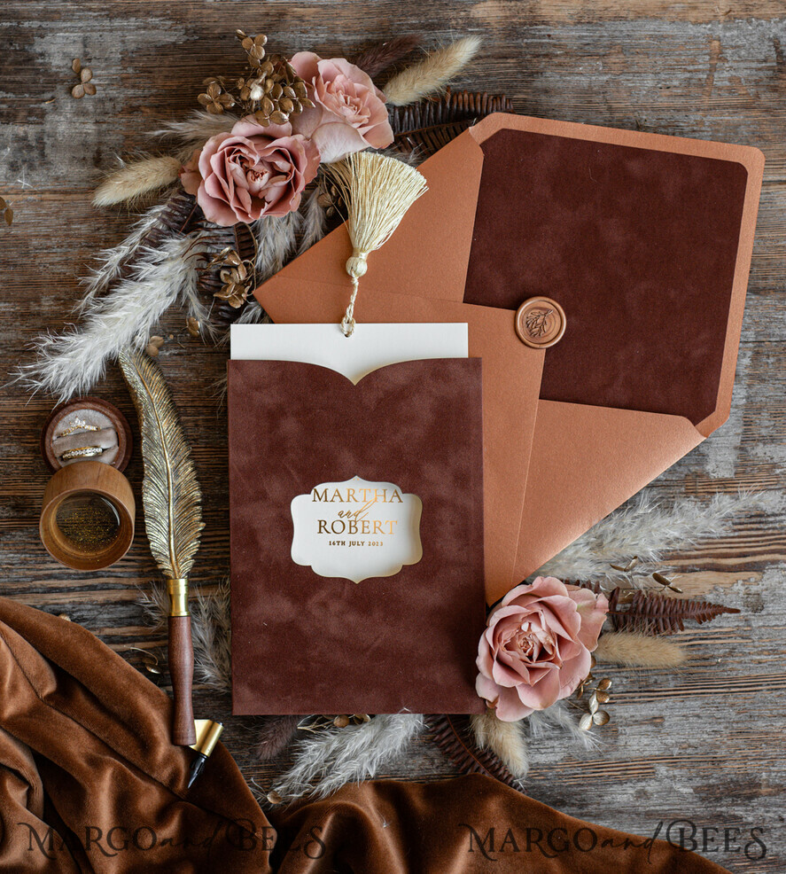 WEDDING INVITATIONS gold / rose gold / silver / glitter  Romantic terracotta Velvet Wedding Invitations, Luxury Gold Foil Wedding Cards, Gold tassel Wedding Invitations