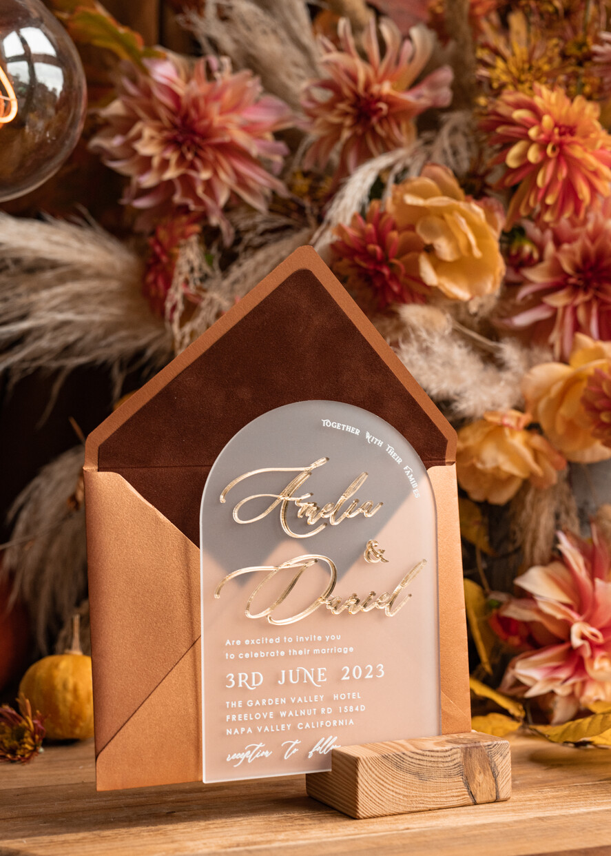 WEDDING INVITATIONS gold / rose gold / silver / glitter Fall Terracotta Modern Arch 3d Wedding Invitation Suite, Bespoke Frozen Acrylic Gold  wedding invitation set, Luxury Velvet Wedding Invitations Frosted Plexi Glass golden Names, Glamour Wedding Invitation Suite, 3D Gold mirror fall copper invites , Wedding Cards