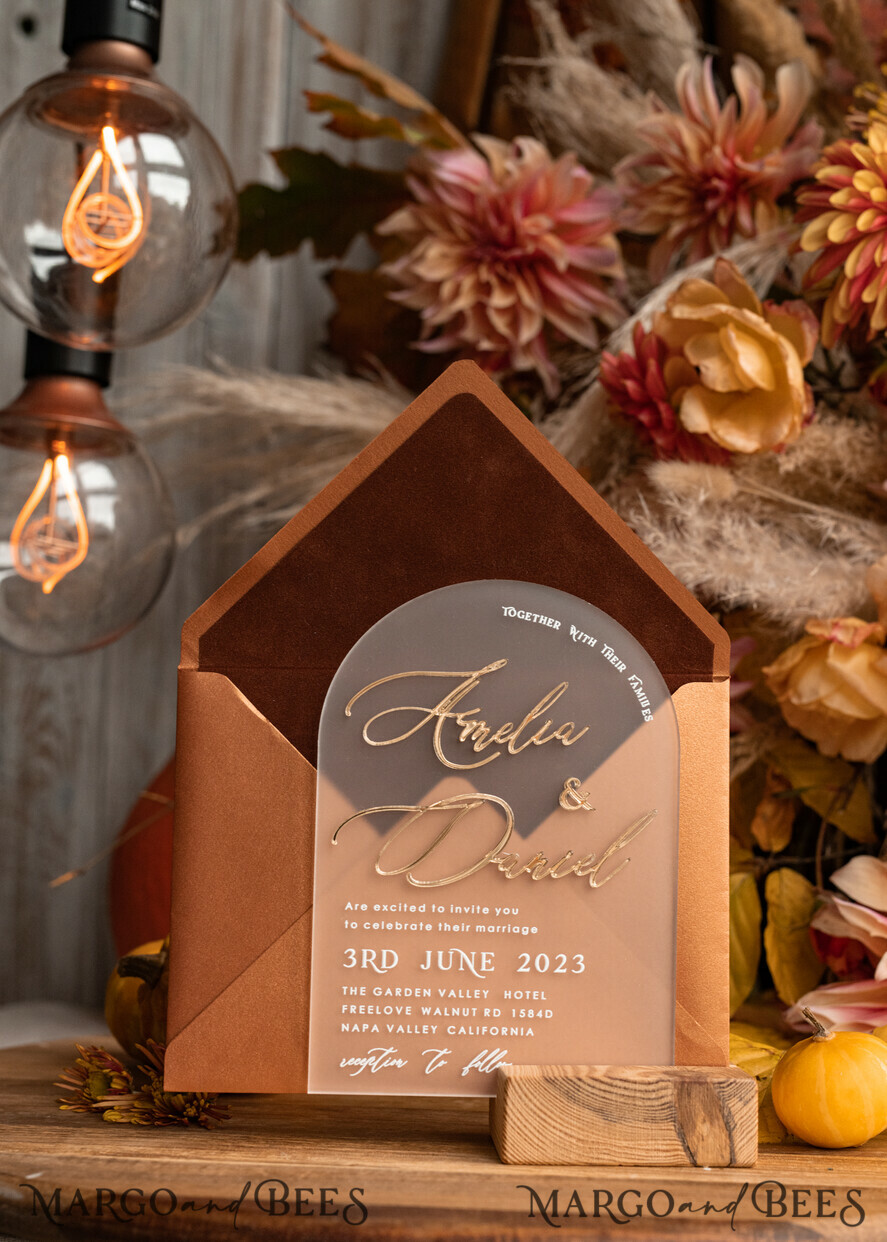 WEDDING INVITATIONS gold / rose gold / silver / glitter Fall Terracotta Modern Arch 3d Wedding Invitation Suite, Bespoke Frozen Acrylic Gold  wedding invitation set, Luxury Velvet Wedding Invitations Frosted Plexi Glass golden Names, Glamour Wedding Invitation Suite, 3D Gold mirror fall copper invites , Wedding Cards