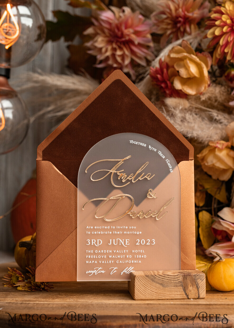 WEDDING INVITATIONS gold / rose gold / silver / glitter Fall Terracotta Modern Arch 3d Wedding Invitation Suite, Bespoke Frozen Acrylic Gold  wedding invitation set, Luxury Velvet Wedding Invitations Frosted Plexi Glass golden Names, Glamour Wedding Invitation Suite, 3D Gold mirror fall copper invites , Wedding Cards