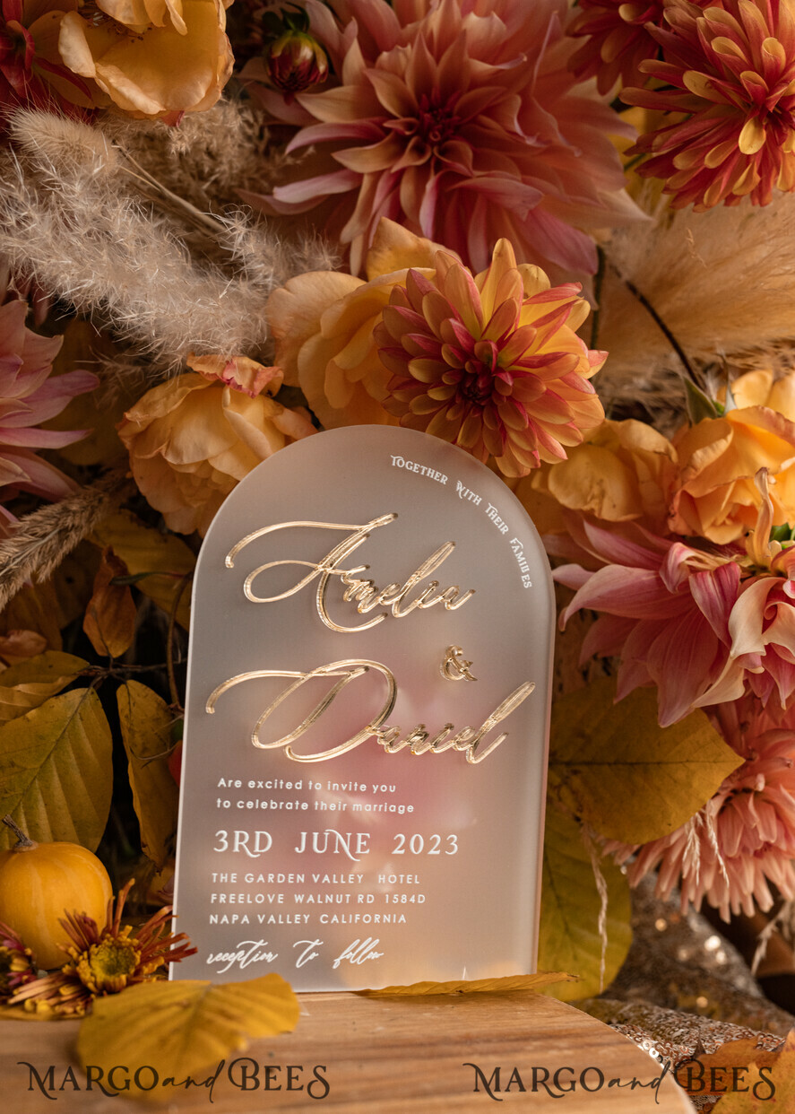WEDDING INVITATIONS gold / rose gold / silver / glitter Fall Terracotta Modern Arch 3d Wedding Invitation Suite, Bespoke Frozen Acrylic Gold  wedding invitation set, Luxury Velvet Wedding Invitations Frosted Plexi Glass golden Names, Glamour Wedding Invitation Suite, 3D Gold mirror fall copper invites , Wedding Cards