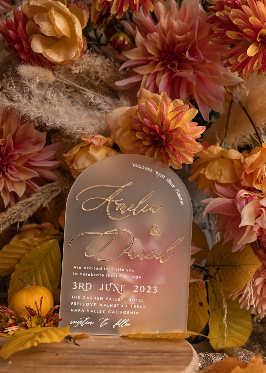 WEDDING INVITATIONS gold / rose gold / silver / glitter Fall Terracotta Modern Arch 3d Wedding Invitation Suite, Bespoke Frozen Acrylic Gold  wedding invitation set, Luxury Velvet Wedding Invitations Frosted Plexi Glass golden Names, Glamour Wedding Invitation Suite, 3D Gold mirror fall copper invites , Wedding Cards