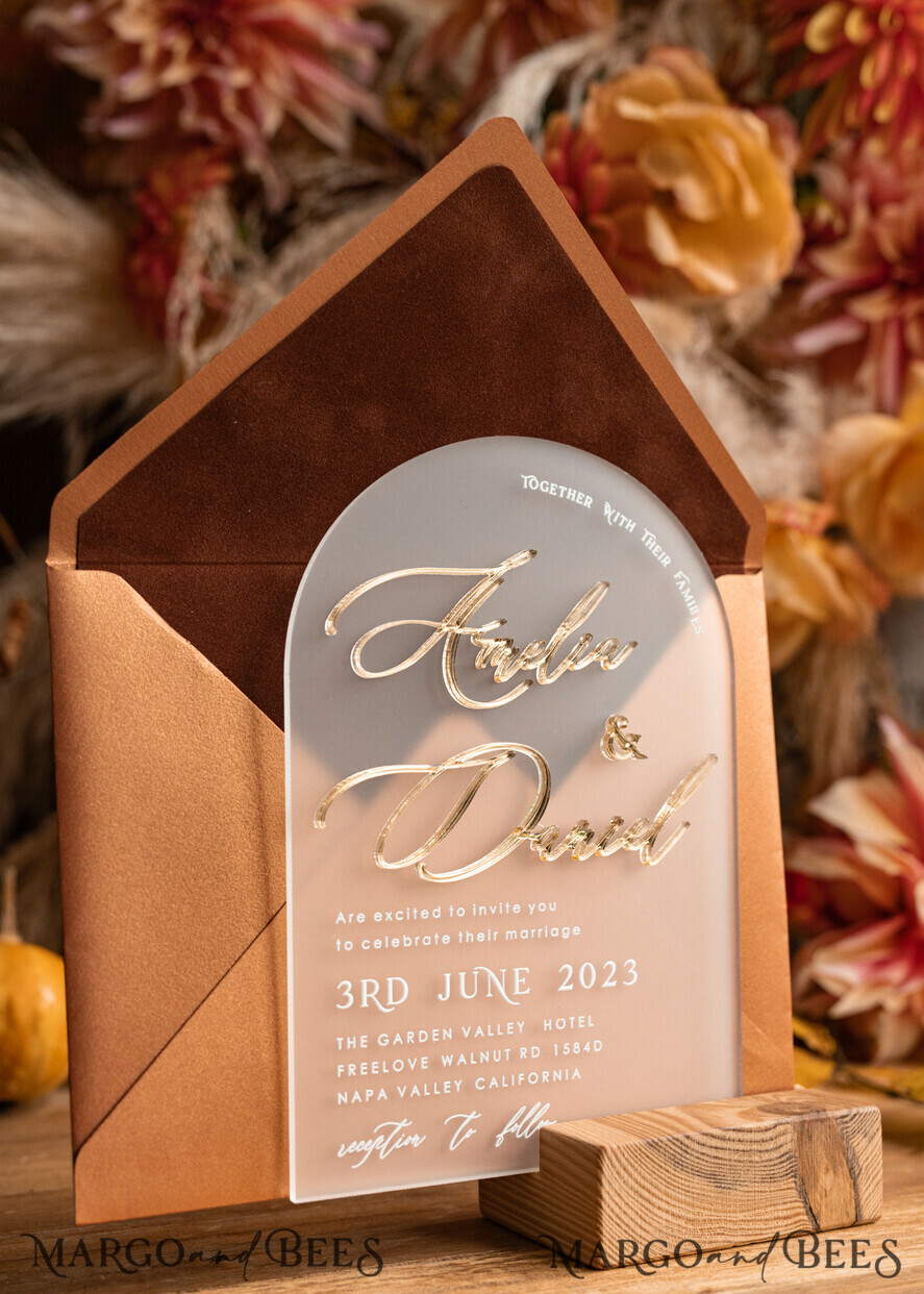 WEDDING INVITATIONS gold / rose gold / silver / glitter Fall Terracotta Modern Arch 3d Wedding Invitation Suite, Bespoke Frozen Acrylic Gold  wedding invitation set, Luxury Velvet Wedding Invitations Frosted Plexi Glass golden Names, Glamour Wedding Invitation Suite, 3D Gold mirror fall copper invites , Wedding Cards