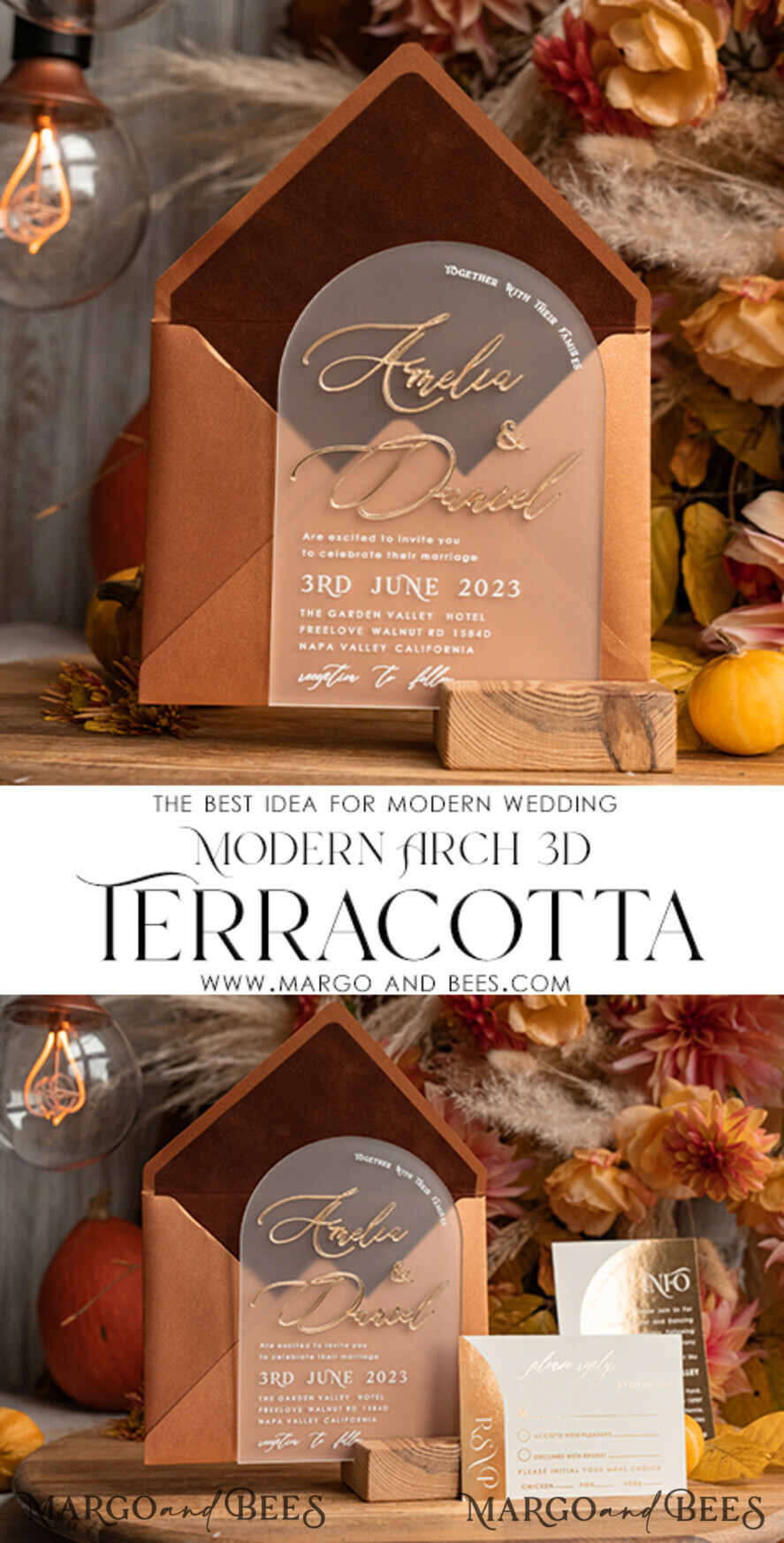 WEDDING INVITATIONS gold / rose gold / silver / glitter Fall Terracotta Modern Arch 3d Wedding Invitation Suite, Bespoke Frozen Acrylic Gold  wedding invitation set, Luxury Velvet Wedding Invitations Frosted Plexi Glass golden Names, Glamour Wedding Invitation Suite, 3D Gold mirror fall copper invites , Wedding Cards