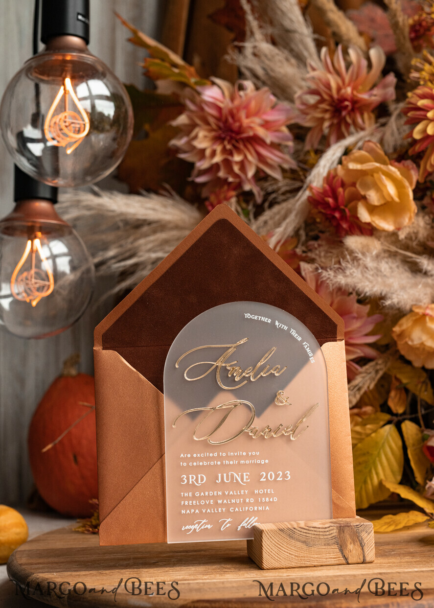 WEDDING INVITATIONS gold / rose gold / silver / glitter Fall Terracotta Modern Arch 3d Wedding Invitation Suite, Bespoke Frozen Acrylic Gold  wedding invitation set, Luxury Velvet Wedding Invitations Frosted Plexi Glass golden Names, Glamour Wedding Invitation Suite, 3D Gold mirror fall copper invites , Wedding Cards