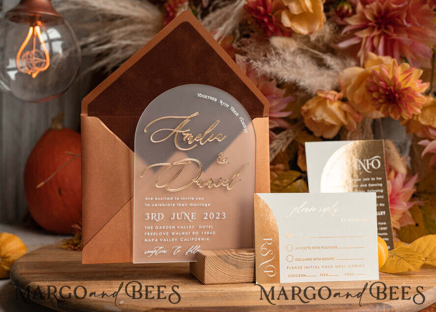 WEDDING INVITATIONS gold / rose gold / silver / glitter Fall Terracotta Modern Arch 3d Wedding Invitation Suite, Bespoke Frozen Acrylic Gold  wedding invitation set, Luxury Velvet Wedding Invitations Frosted Plexi Glass golden Names, Glamour Wedding Invitation Suite, 3D Gold mirror fall copper invites , Wedding Cards