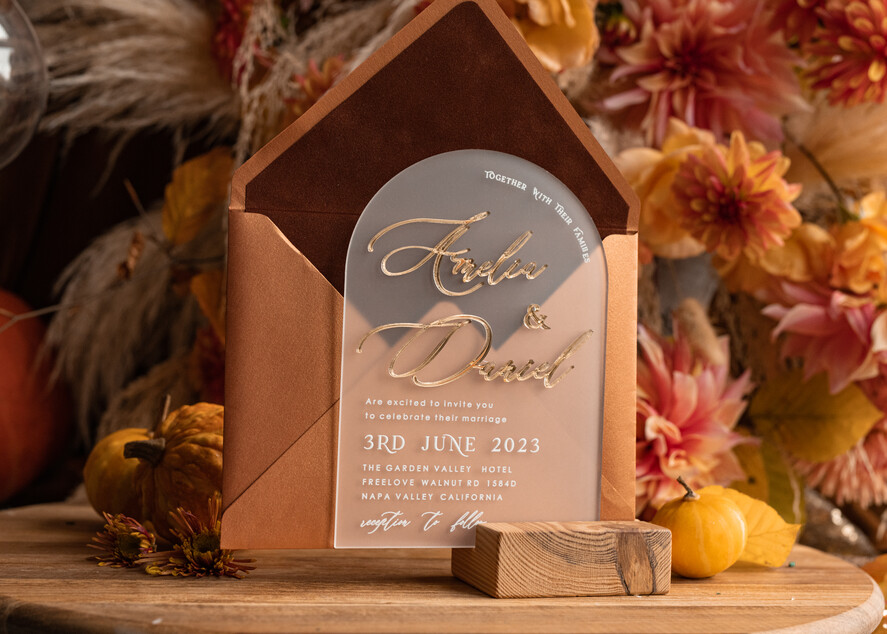 WEDDING INVITATIONS gold / rose gold / silver / glitter Fall Terracotta Modern Arch 3d Wedding Invitation Suite, Bespoke Frozen Acrylic Gold  wedding invitation set, Luxury Velvet Wedding Invitations Frosted Plexi Glass golden Names, Glamour Wedding Invitation Suite, 3D Gold mirror fall copper invites , Wedding Cards